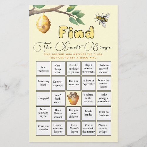 Find The Guest Bingo Baby Bee Baby Shower Game