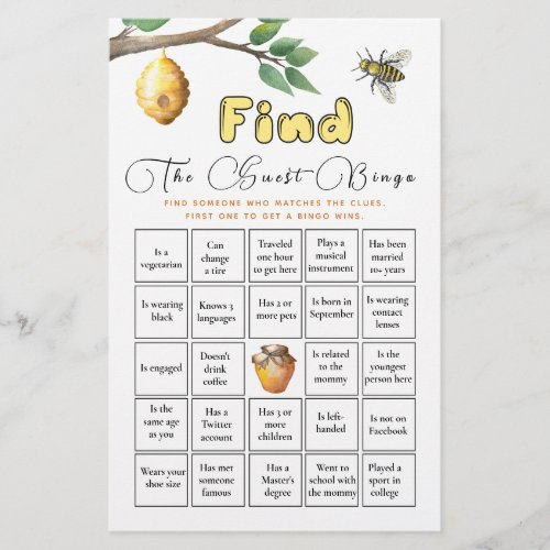 Find The Guest Bingo Baby Bee Baby Shower Game