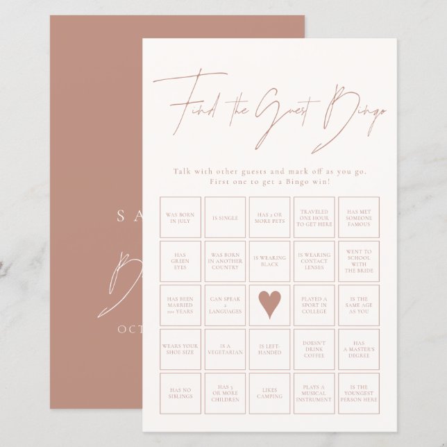 Find The Guest Bingo Blush Pink Bridal Shower Game (Front/Back)