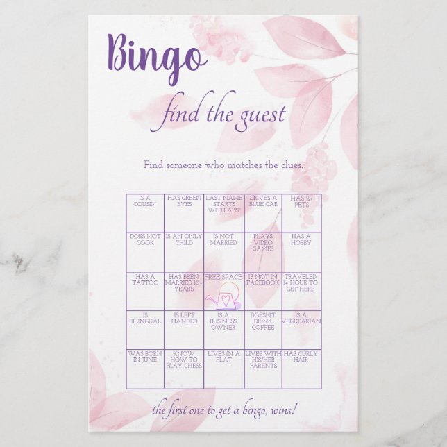 Find the Guest Bingo Bridal Shower Game Card Flyer (Front)