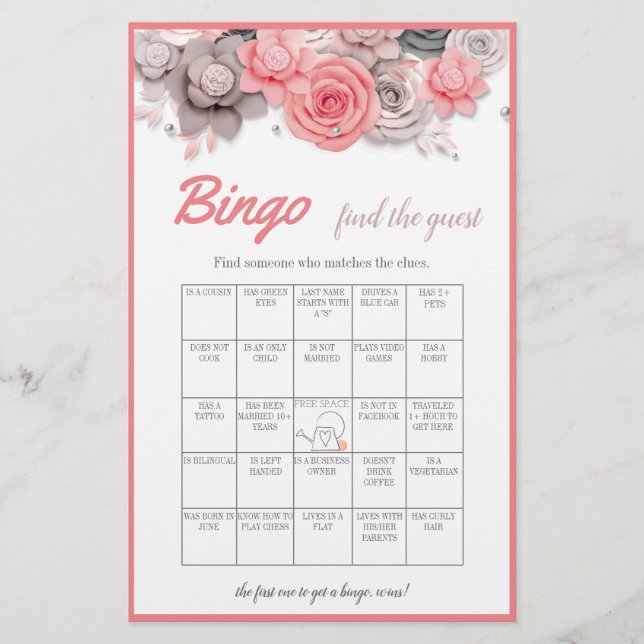 Find the Guest Bingo Bridal Shower Game Card Flyer (Front)