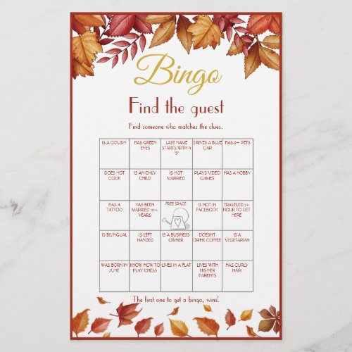 Find the Guest Bingo Bridal Shower Game Card Flyer