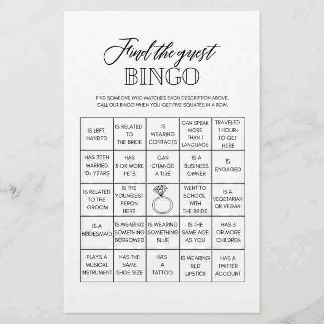 Find the guest bingo bridal shower game flyer (Front)