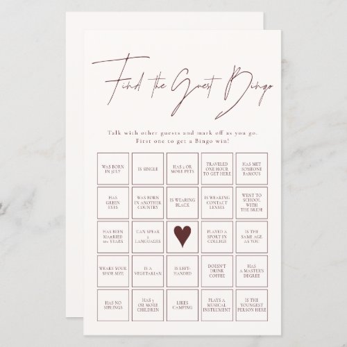 Find The Guest Bingo Burgundy Bridal Shower Game