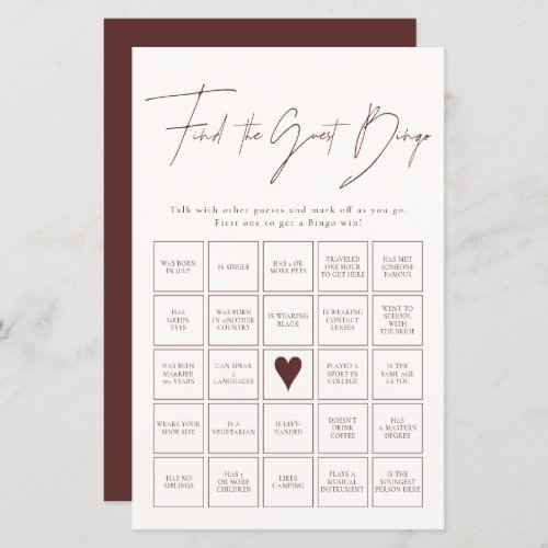 Find The Guest Bingo Burgundy Bridal Shower Game