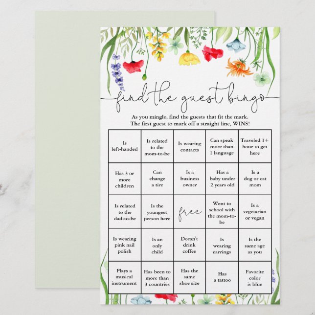 Find the guest bingo colorful wildflowers (Front/Back)