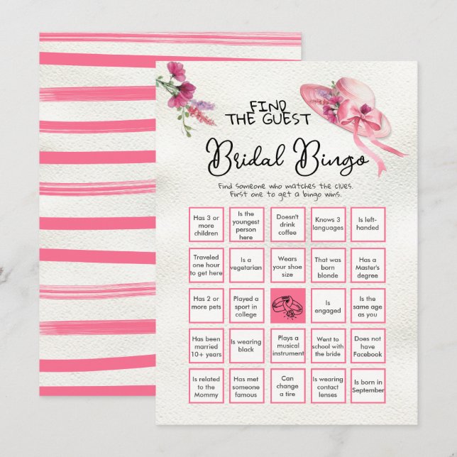 Find the Guest BINGO Derby Pink Hat Bridal game Invitation (Front/Back)