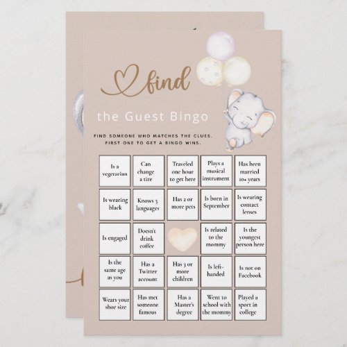 Find The Guest Bingo Elephant Baby Shower Game
