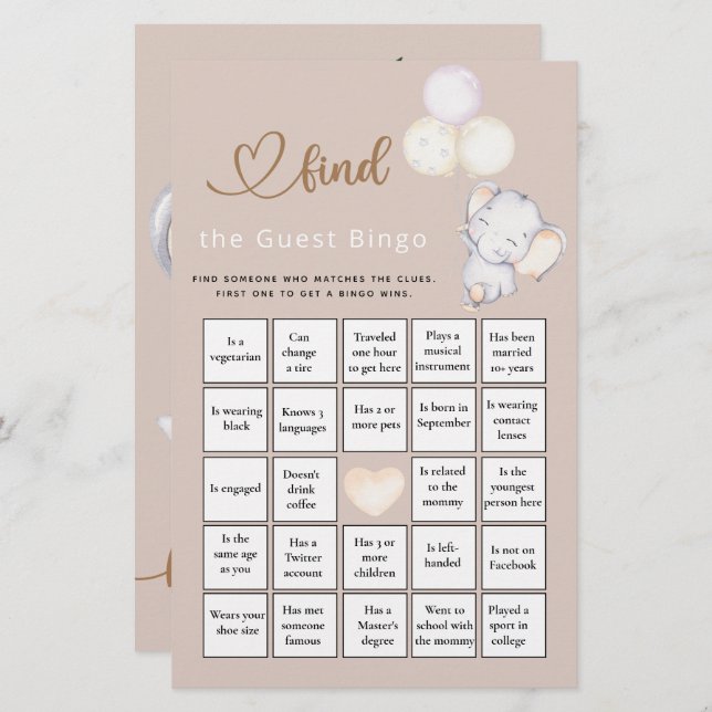 Find The Guest Bingo Elephant Baby Shower Game (Front/Back)