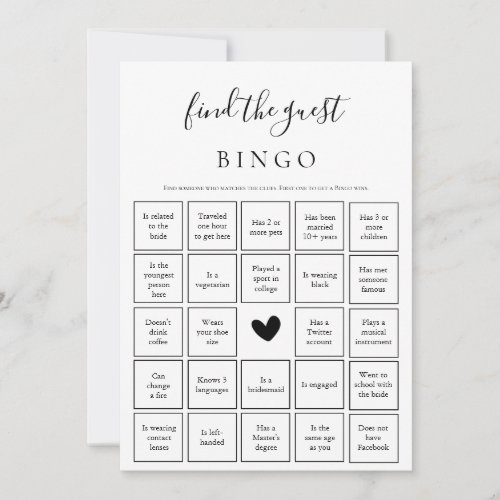 Find the Guest Bingo Game  Bridal Shower Card