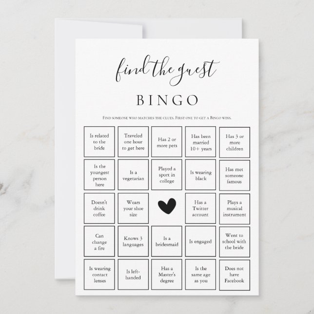 Find the Guest Bingo Game  Bridal Shower Card (Front)