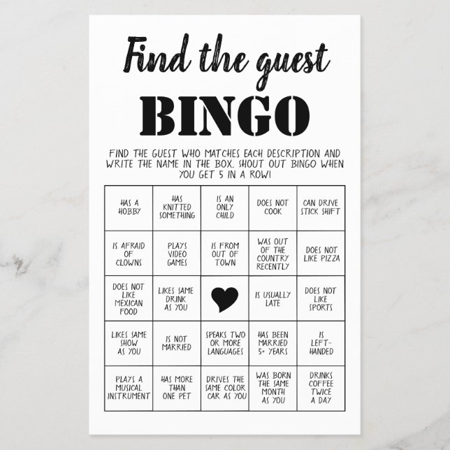 Find the Guest Bingo Game Card Flyer (Front)