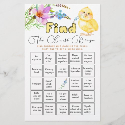 Find The Guest Bingo Little Chick Baby Shower Game