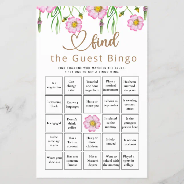 Find The Guest Bingo Wildflowers Baby Shower Game | Zazzle