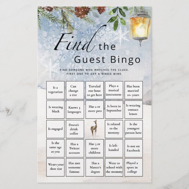 Find The Guest Bingo Winter Baby Shower Game (Front)