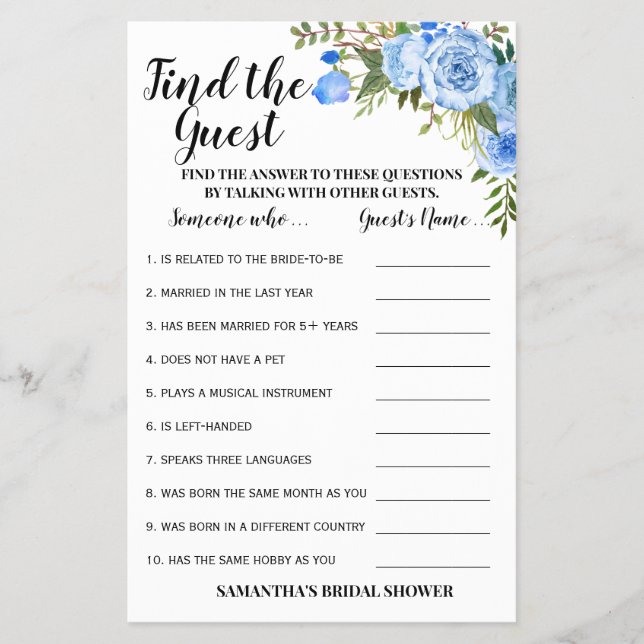 Find the Guest Blue Bridal Shower Game Card Flyer (Front)