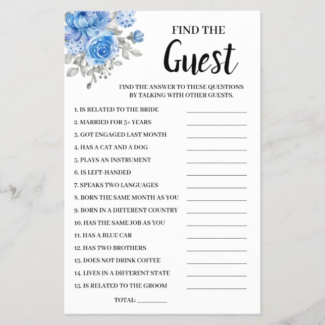 Find the Guest BlueFlowers Bridal Shower Game Card Flyer (Front)