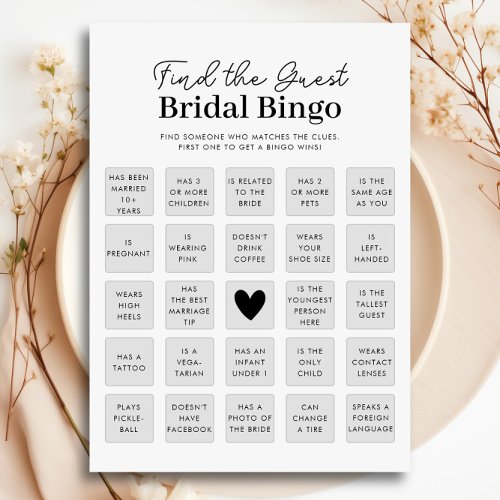 Find The Guest Bridal Shower Bingo Game Card