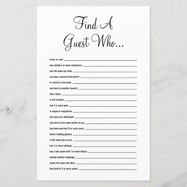 Find The Guest Bridal Shower Game (Front)