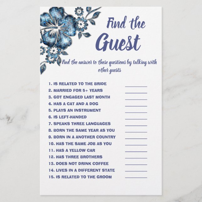 Find the Guest Bridal Shower Game Card Blue Flower Flyer (Front)