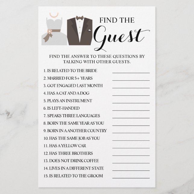 Find the Guest Bridal Shower Game Card Flyer (Front)