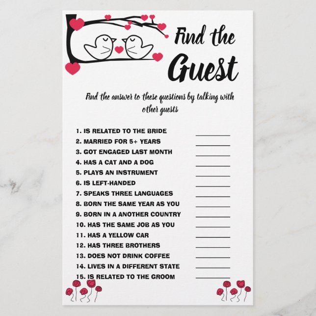 Find the Guest Bridal Shower Game Card Love Bird Flyer (Front)
