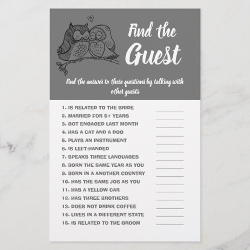 Find the Guest Bridal Shower Game Card Owls Love Flyer