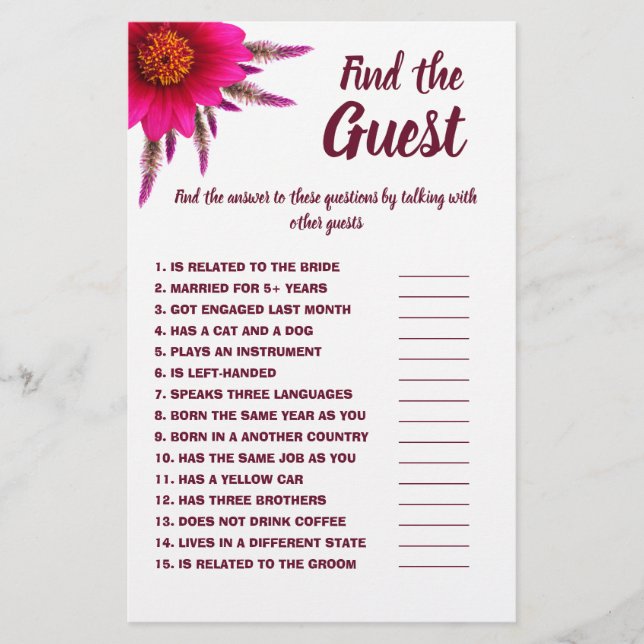 Find the Guest Bridal Shower Game Card Purple Flyer (Front)