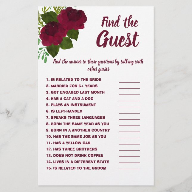 Find the Guest Bridal Shower Game Card Red Flyer (Front)