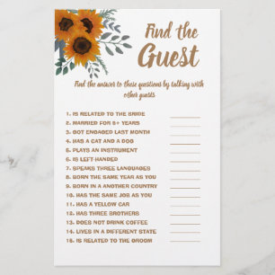 Find the Guest Bridal Shower Game Card Sunflowers Flyer