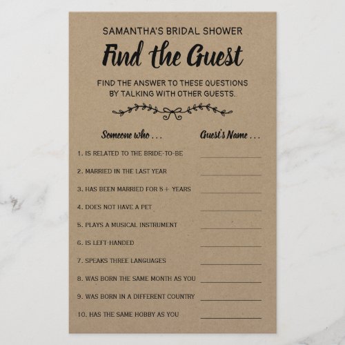 Find the Guest Bridal Shower Rustic Game Card Flyer