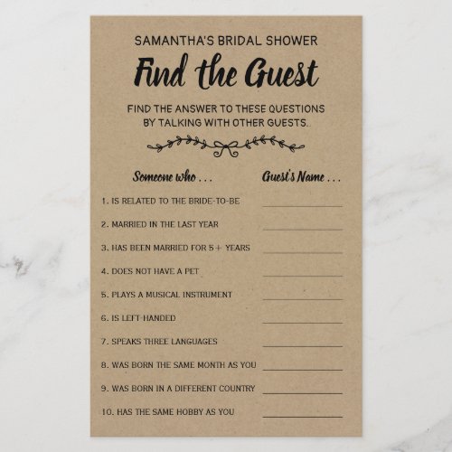 Find the Guest Bridal Shower Rustic Game Card Flyer
