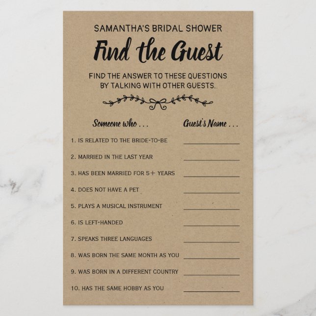 Find the Guest Bridal Shower Rustic Game Card Flyer (Front)