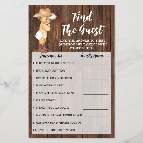 Find the Guest Cowboy Baby Shower Game Card Flyer