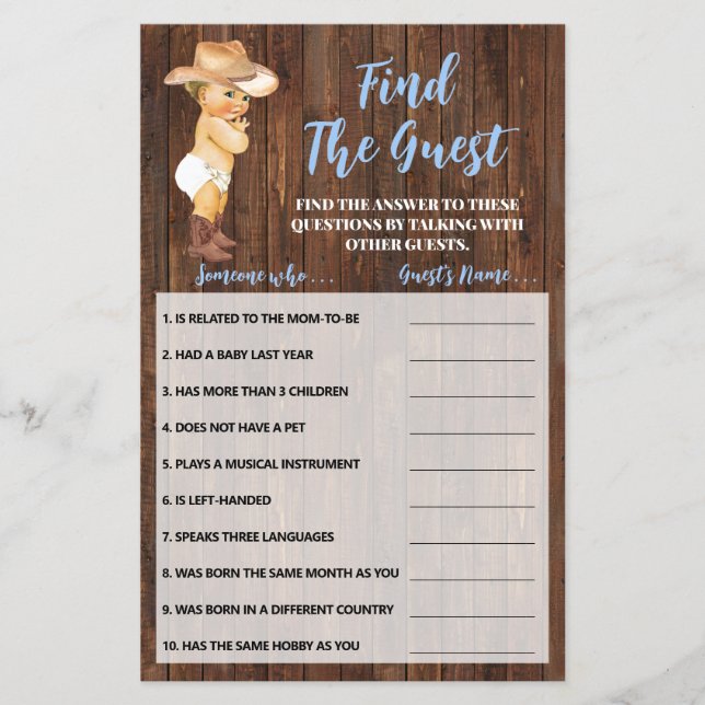 Find the Guest Cowboy Baby Shower Game Card Flyer (Front)
