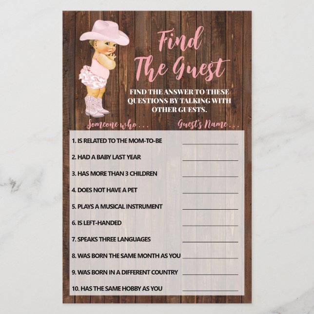 Find the Guest Cowgirl Baby Shower Game card Flyer (Front)