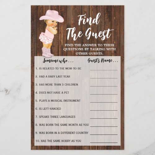 Find the Guest Cowgirl Baby Shower Game card Flyer