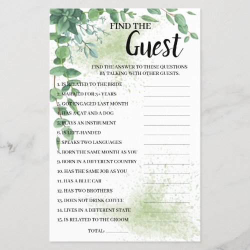 Find the Guest Eucalyptus Bridal Shower Game Card Flyer