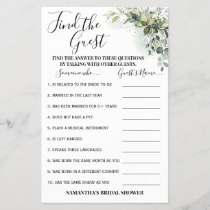Find the Guest Eucalyptus Bridal Shower Game Card Flyer