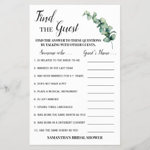 Find the Guest Eucalyptus Bridal Shower Game Card Flyer