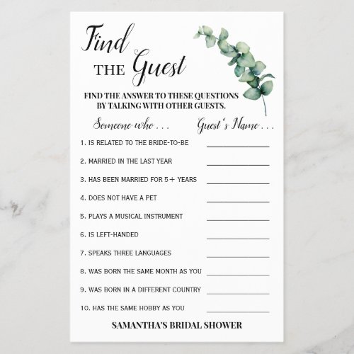 Find the Guest Eucalyptus Bridal Shower Game Card Flyer