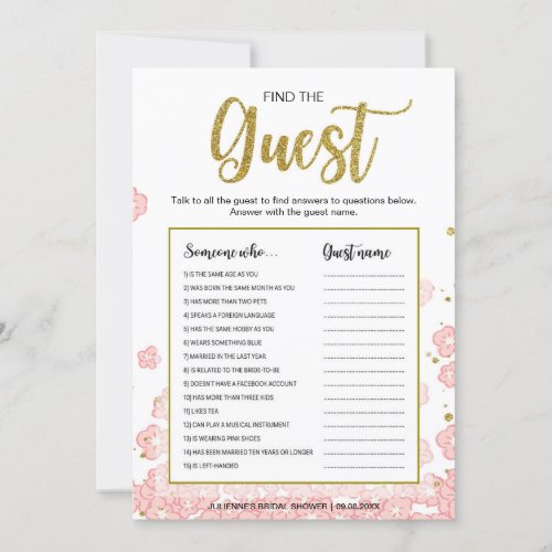 Find the Guest Game  Gold and Pink Bridal Shower