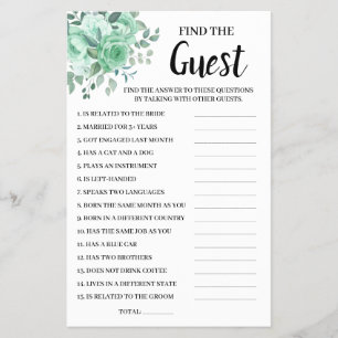 Find the Guest GreenRoses Bridal Shower Game Card Flyer
