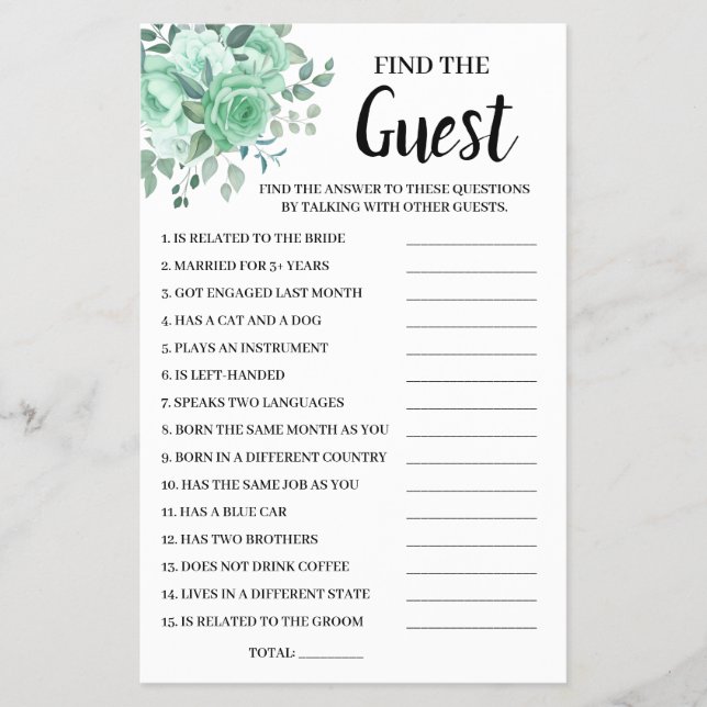 Find the Guest GreenRoses Bridal Shower Game Card Flyer (Front)