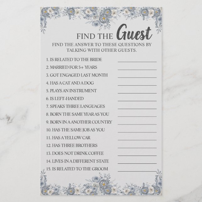 Find the Guest Grey Floral Bridal Shower Game Card Flyer (Front)