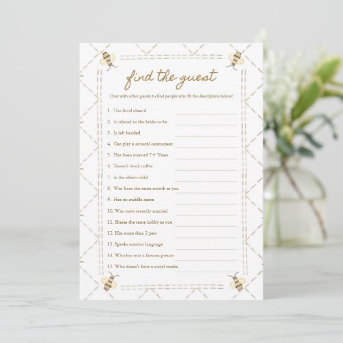 Find The Guest Honey Bee Baby Shower Game Cards