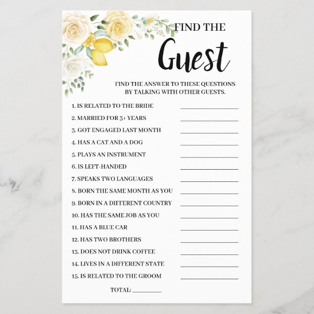 Find the Guest Lemon&Roses Bridal Shower Game Card Flyer (Front)