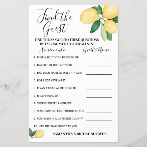 Find the Guest Lemons Bridal Shower Game Card Flyer
