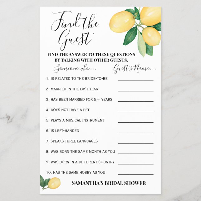 Find the Guest Lemons Bridal Shower Game Card Flyer (Front)