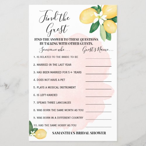 Find the Guest Lemons Pink Bridal Shower Game Card Flyer